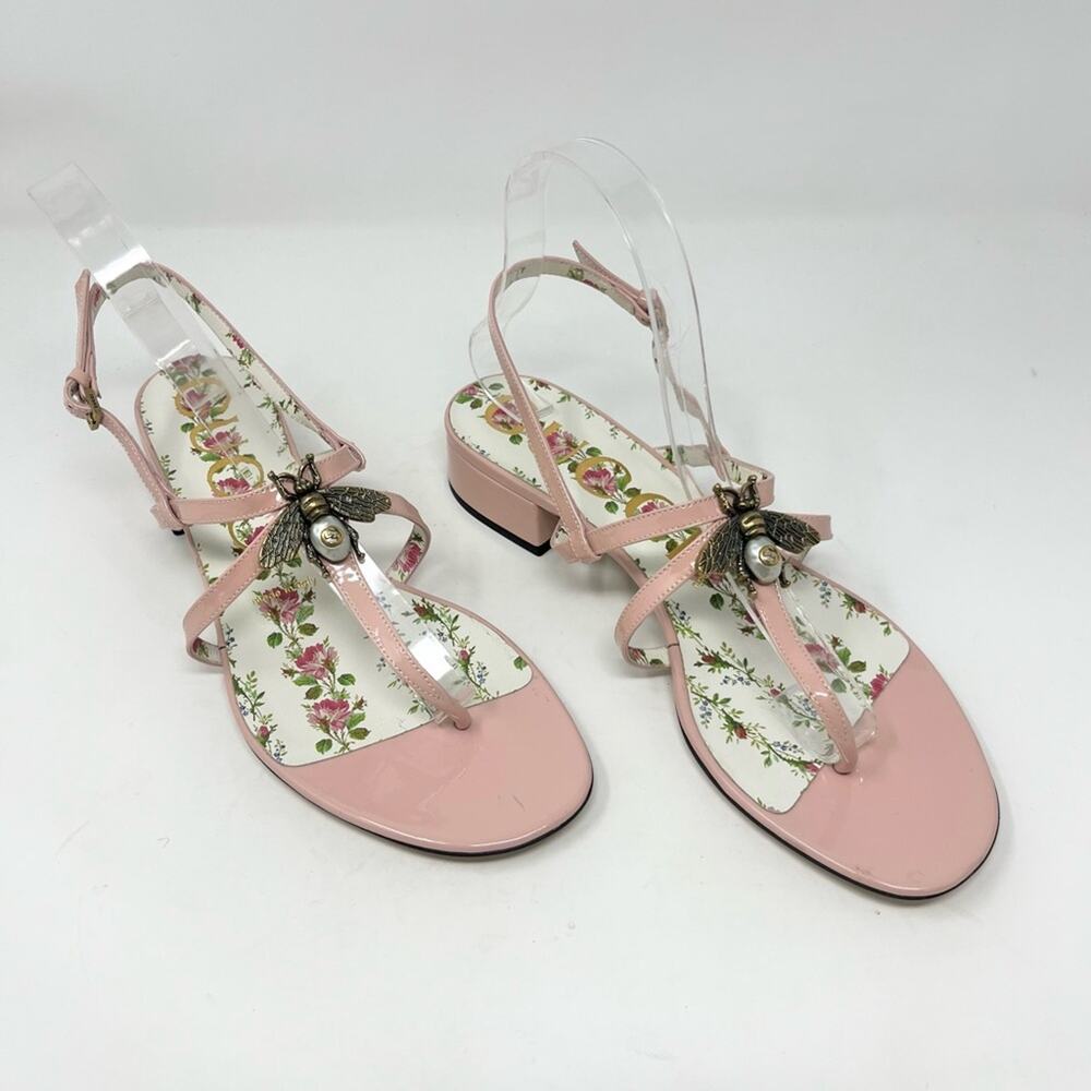 NEW Gucci Pink Patent Leather GG Bee Pearl Thong Sandal Kitten Heel Size 38.5 EU - Picture 2 of 7